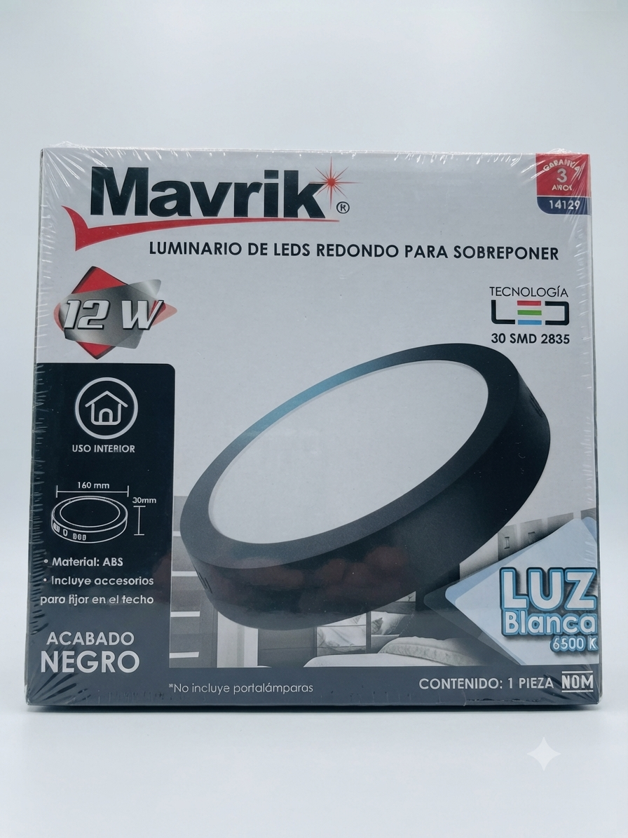 Luminario redondo de sobreponer Negro 12W